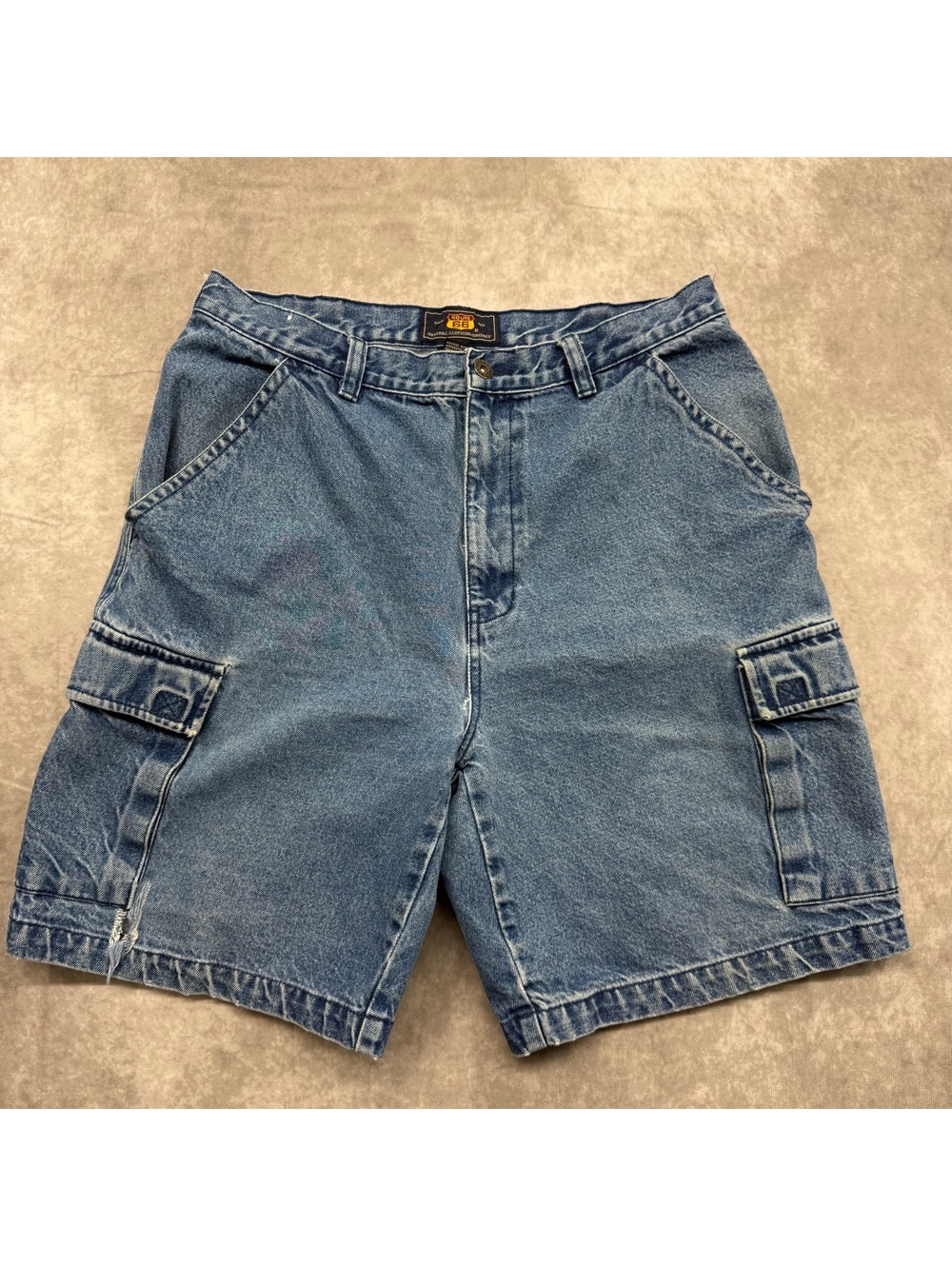 Vintage Route 66 Mens Blue Denim Cargo Shorts Size 34